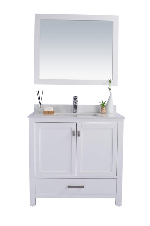 Oakestry Wilson Bathroom Vanity with White Quartz Countertop & Ceramic Sink, Solid Oak Wood Cabinet, Soft Close Doors & Drawer, Pre-Assembled, White