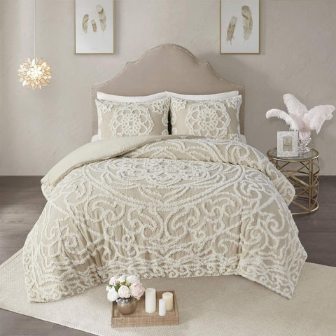 3Pc All Season Cozy Bedding Shabby Chic Comforter Cover Durable Soft Comfy Chenille Tufted Medallion Design, Matching Shams, Taupe King/Cal King(104"x92")