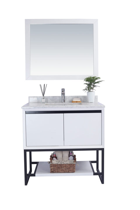Oakestry Alto 36 Inch White Bathroom Vanity White Carrara Marble Countertop Modern Single Sink Freestanding Storage Soft Close Doors Washroom Cabinet