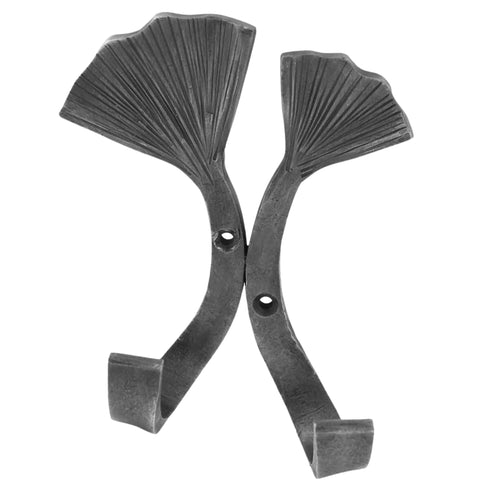 Oakestry SSH-21 Double Ginkgo Leaf Wall Hook – Black Wrought Iron Decorative Dual Hook with Vintage Finish for Coats, Towels & Bags