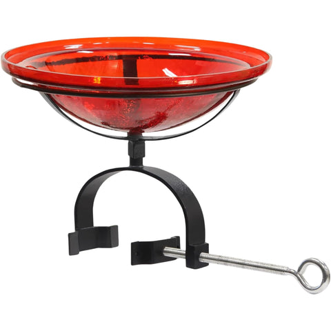 Oakestry 12" Red Crackle Glass Birdbath with Over Rail Clamp Bracket, No-Drill Outdoor Bird Bath for Balcony, Deck Railing, Porch