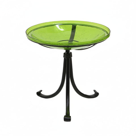 Oakestry 14" Fern Green Crackle Glass Birdbath with Wrought Iron Tripod Stand, Outdoor Bird Bath for Garden, Patio, Deck, Yard