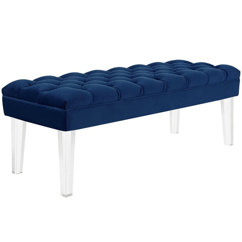 Oakestry Valet Performance Velvet Bench, Navy Tufted Upholstered Accent Bench with Clear Acrylic Legs for Bedroom, Entryway & Living Room