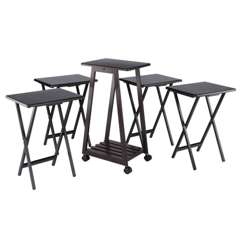 Oakestry Adriel 5-Piece Snack Table Set with Rolling Storage Stand, Coffee Finish – Folding TV Tables for Living Room, Entertaining & Game Nights