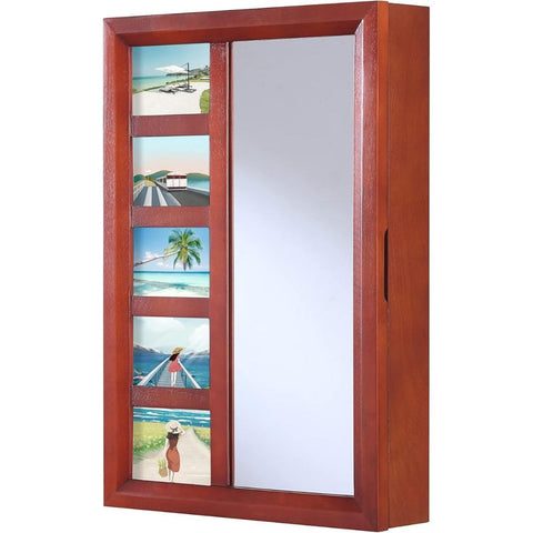 Oakestry Venice Wall Mount Jewelry Armoire Jewelry Cabinet Storage WM17230 with Photo Frame Mirror Drawers 16 Inch W X 23 Inch H X 4.75 Inch D Dark Mahogany Wall Mounted Jewelry Organizer for Home