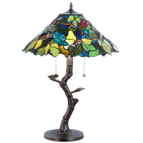 Oakestry 25" Grape Harvest Table Lamp, Tiffany Style Multi-Color Stained Glass with Fruit Design, Mahogany Bronze Tree Base