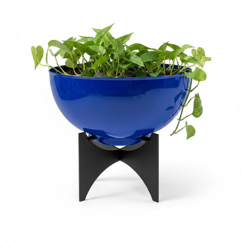 Oakestry Norma II Planter with Stand, 20" French Blue Galvanized Steel Bowl & Black Wrought Iron Base, Indoor Outdoor Succulent Planter
