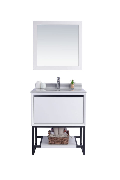 Oakestry Alto 30 Inch White Bathroom Vanity White Stripes Marble Countertop Modern Single Sink Freestanding Storage Soft Close Doors Washroom Cabinet