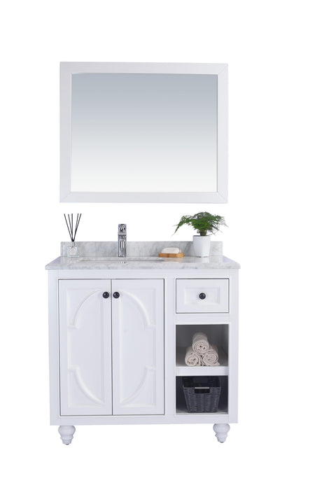 Oakestry Odyssey 36 Inch White Bathroom Vanity Single Sink White Carrara Marble Countertop Freestanding Modern Storage Cabinet Soft Close Doors Premium Washroom Furniture