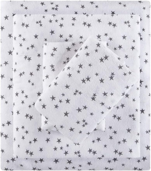 3Pc Cozy Soft Cotton Flannel Print Animals Stars Cute Warm Breathable Warm Deep Pocket Sheets, Twin, Grey Stars