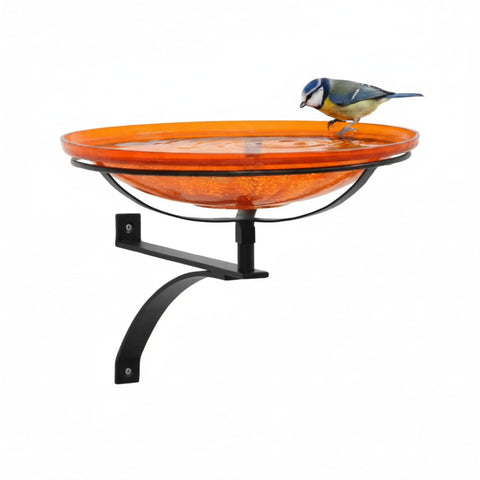 Oakestry 14" Mandarin Orange Crackle Glass Birdbath with Wrought Iron Wall Mount Bracket, Outdoor Bird Bath for Fence, Deck, Porch, Balcony