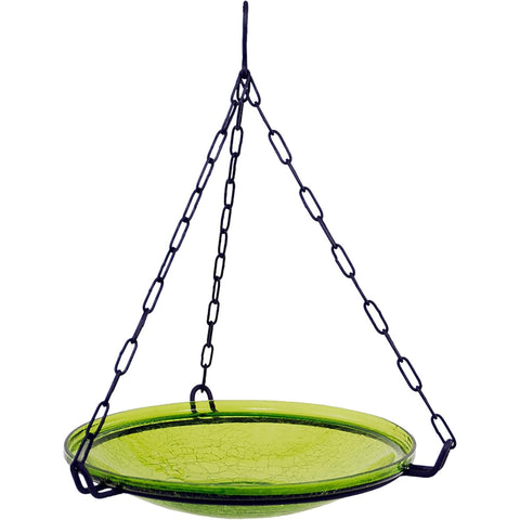 Oakestry 14" Fern Green Crackle Glass Hanging Birdbath with Wrought Iron Chain & Hook, Decorative Outdoor Bird Bath for Garden, Patio, Porch