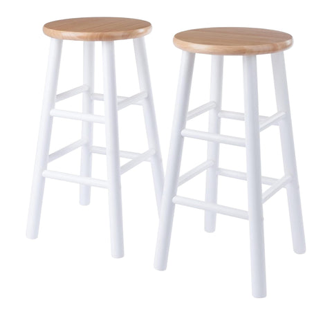 Oakestry Huxton 2-Pc Counter Stool Set, Teak Seat & White Base, Solid Wood, 24" H, Streamlined Design with Footrests for Kitchen & Dining