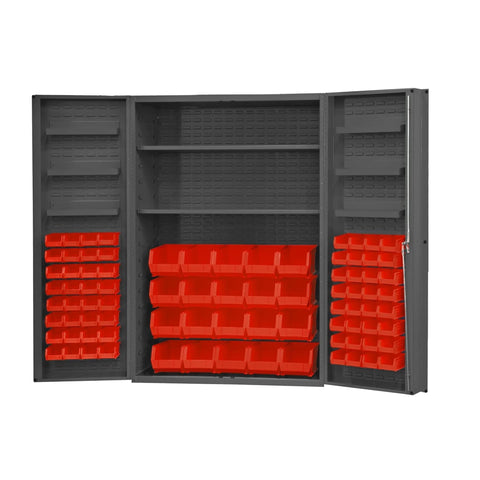 Oakestry Heavy Duty 14-Gauge Steel Storage Cabinet with 2 Adjustable Shelves, 84 Red Bins & 6 Door Shelves, 4” Deep Box Doors with Louvered Panels, Lockable Chrome Handle with Keys (Grey, Red)