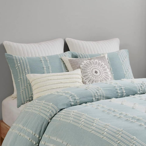 Chic Boho Cozy Comforter Set All Season Cozy Bedding with Matching Shams 100% Cotton Jacquard Comforter Set, Full/Queen, Aqua Reversible Stripes