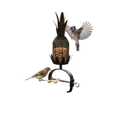 Oakestry Pineapple Bird Feeder with Railing Bracket, Metal Seed, Suet & Mealworm Feeder with Clamp Mount for Balcony, Deck & Porch