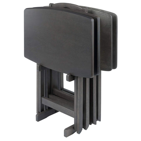 Oakestry Dorian Oversized Snack Table Set with Stand, Oyster Gray Top with Brown Base, Space-Saving Folding TV Trays, 5-Piece Set (Color May Vary)