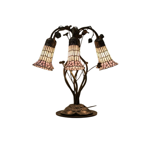 Oakestry 19" Pond Lily 6-Light Table Lamp, Pink & White Stained Glass Shades, Mahogany Bronze Base, Tiffany Style Handcrafted Lighting Fixture