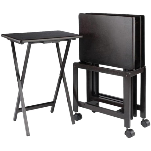 Oakestry Allen 5-Pc Snack Table Set with Rolling Rack, Foldable X-Frame Tables, Coffee Finish, Living Room or Patio TV Trays