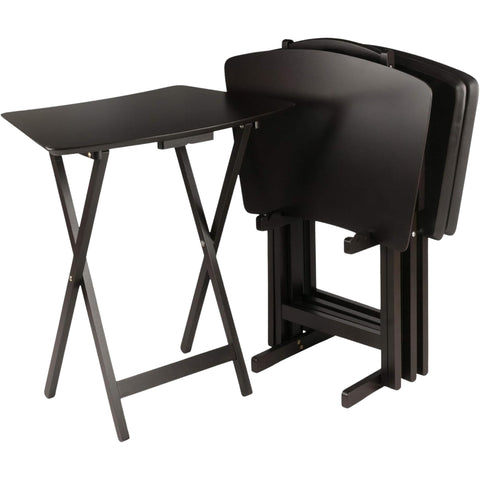 Oakestry Anila 5-Piece Snack Table Set with Fan-Shaped Tops, Coffee Finish, Foldable TV Trays with Storage Rack, Solid & Composite Wood