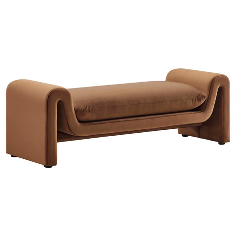 Oakestry Waverly Performance Velvet Bench, Modern Curved Accent Bench with Removable Cushion Cover, Upholstered Entryway Bedroom Living Room Bench, Brown