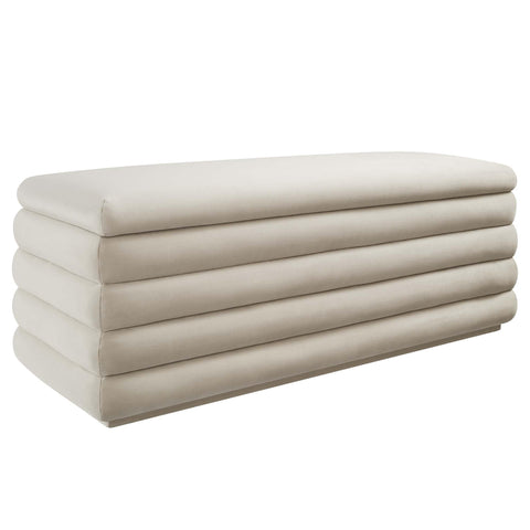 Oakestry Mezzo Performance Velvet Storage Bench, Almond Channel Tufted Upholstered Ottoman Bench with Hidden Storage for Bedroom, Entryway & Living Room