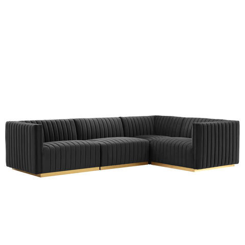 Oakestry Luxury Inspired Conjure Channel Tufted Performance Velvet 4-Piece Sectional Comfortable Indoor Sectional Sofa for Living Room Apartment Lounge Reception Area Premium Daily Styling