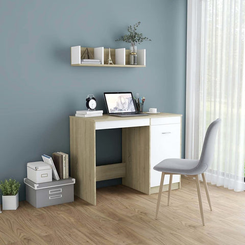 Oakestry White & Sonoma Oak Engineered Wood Computer Desk with Cabinet – Modern Medium Workstation