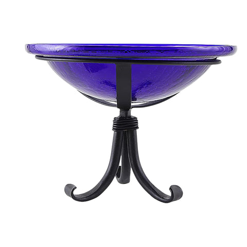 Oakestry 12 Inch Cobalt Blue Crackle Birdbath Tripod Stand Decorative Outdoor Garden Water Bowl Stable Base Durable Construction Backyard Patio Accent Weather Resistant Long Lasting