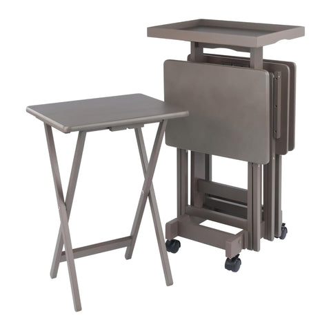 Oakestry Isabelle 4 Piece Snack Tables with Tray Stand and Removable Serving Tray Folding TV Tray Table Set Portable Space Saving Sofa Side Tables Durable Wood Construction Oyster Gray Finish