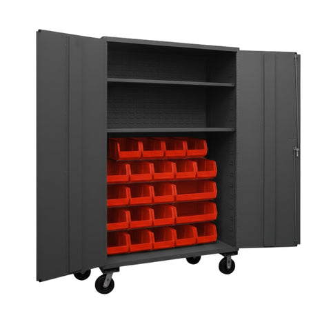 Oakestry Mobile Cabinet 48 x 24 x 81 in 16 Gauge Steel 2 Adjustable Shelves 18 Red Bins Flush Doors Casters Lockable Chrome Handle Gray Storage Cabinet