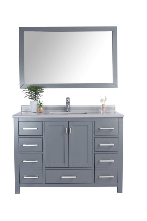 Oakestry Wilson Bathroom Vanity with White Stripes Marble Countertop, Solid Oak Cabinet, Undermount Ceramic Sink, Soft Close Doors & Drawers, Grey, Pre-Assembled