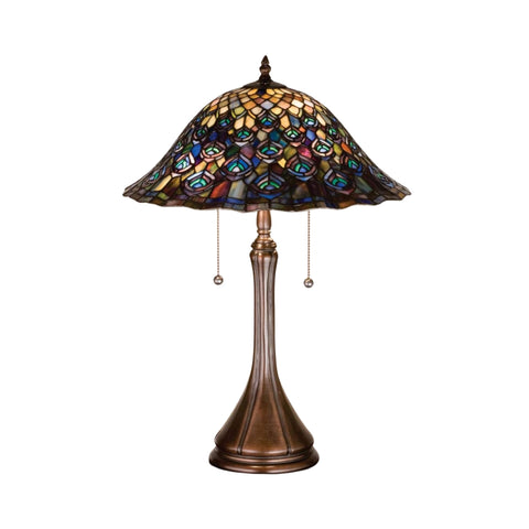 Oakestry 22" Tiffany Peacock Feather Table Lamp, Multicolor Stained Glass Shade, Mahogany Bronze Base, Dual E26 Decorative Artistic Accent Lamp