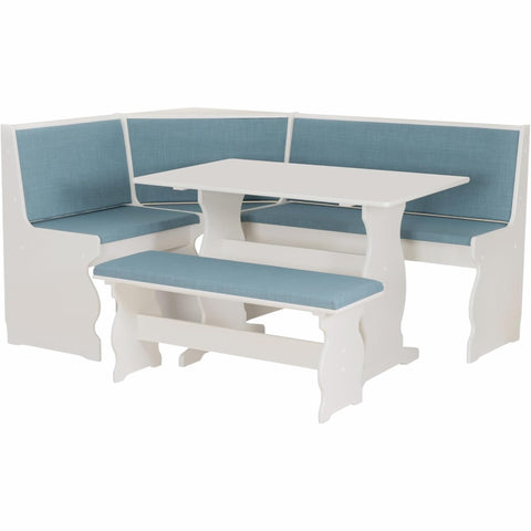 Oakestry Sasha Capri Blue 3-Piece Corner Nook Dining Set with White Finish & Blue Upholstered Seats, Space-Saving Kitchen Breakfast Nook