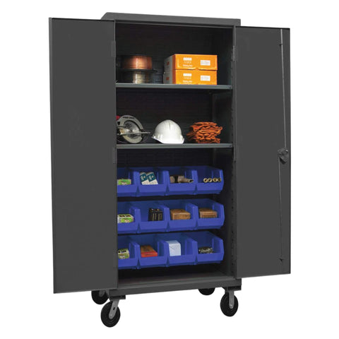 Oakestry Mobile Cabinet 36 x 24 x 81 in 12 Gauge Steel 2 Adjustable Shelves 12 Blue Bins Recessed Doors Casters Pad Lock Handle Gray Storage Cabinet