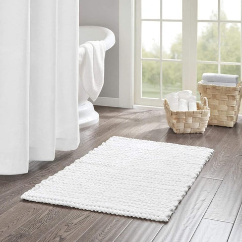 100% Cotton Chenille Shag Area Rug Non-Slip Backing for Bathroom cfor Tub Shower Extra Soft Thick Absorbent Dry Bath Mat, 24x40, White