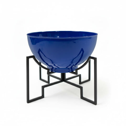 Oakestry 16" Round French Blue Galvanized Steel Planter Bowl with Black Wrought Iron Stand, Indoor Outdoor Metal Plant Holder