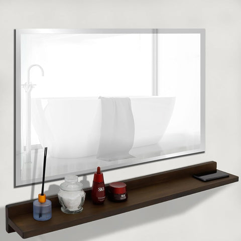 Oakestry 35 Inch Frameless Mirror with Wireless Charging Shelf Wall Mounted Vanity Mirror Modern Design Built in Qi Charging Station Storage Shelf Bathroom Bedroom Easy Installation