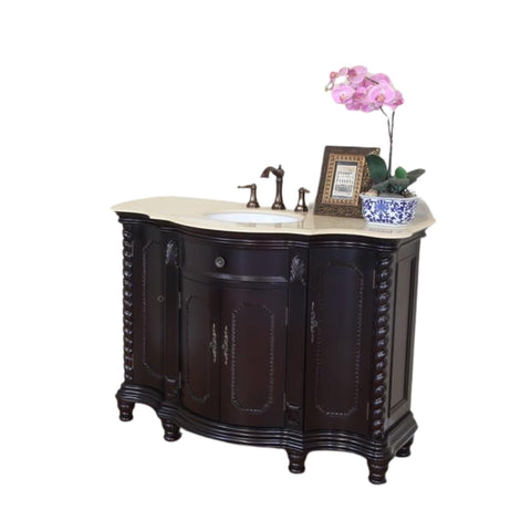 Oakestry 48" Single Sink Bathroom Vanity Cabinet, Dark Mahogany Wood with Crème Marfil Marble Top, Freestanding Solid Birch, Antique Brass Hardware