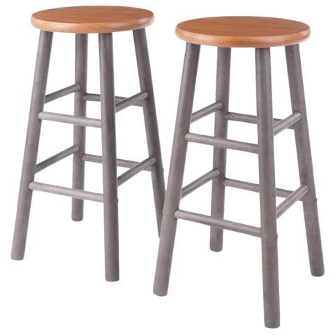 Oakestry Huxton 2-Pc Counter Stool Set, Gray Base & Teak Solid Wood Seat, 24" H, Contemporary Streamlined Design with Footrests