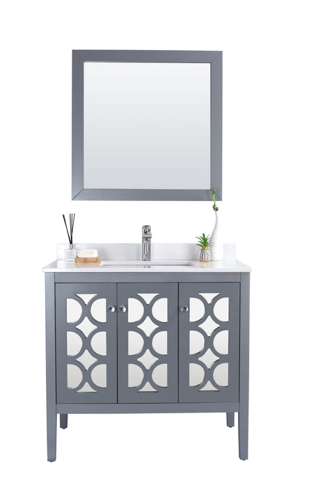Oakestry Mediterraneo 36 Inch Grey Bathroom Vanity White Quartz Countertop Modern Single Sink Freestanding Storage Soft Close Doors Luxury Washroom Cabinet