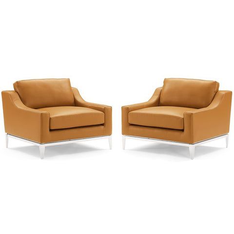 Oakestry Luxury Inspired Harness Stainless Steel Base Leather Armchair Set of 2 Comfortable Indoor Armchair for Living Room Apartment Lounge Reception Area Premium Everyday Styling