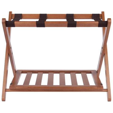 Oakestry Reese Folding Luggage Rack with Storage Shelf, Solid Wood Suitcase Stand for Guest Room, No Assembly, Natural Teak Finish