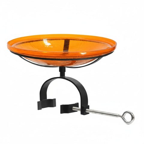 Oakestry 14" Crackle Glass Birdbath with Over Railing Bracket, Clamp-On Balcony Bird Bath, Decorative Blown Glass Bowl for Patio, Deck & Garden