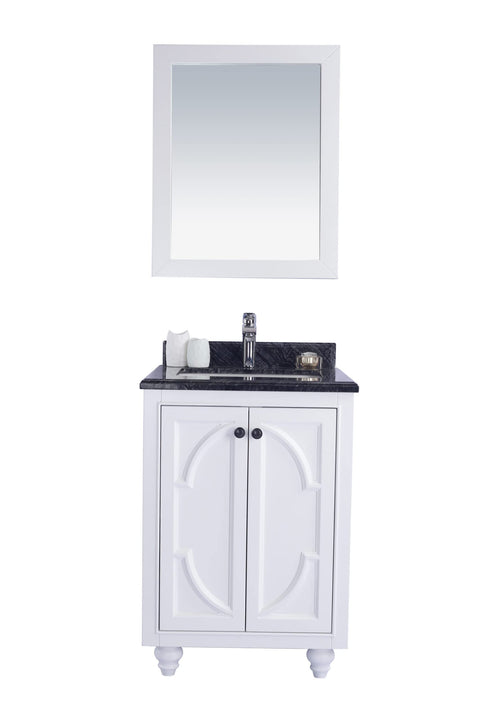 Oakestry Odyssey 24 Inch White Bathroom Vanity Single Sink Black Wood Marble Countertop Freestanding Modern Storage Cabinet Soft Close Doors Compact Washroom Furniture