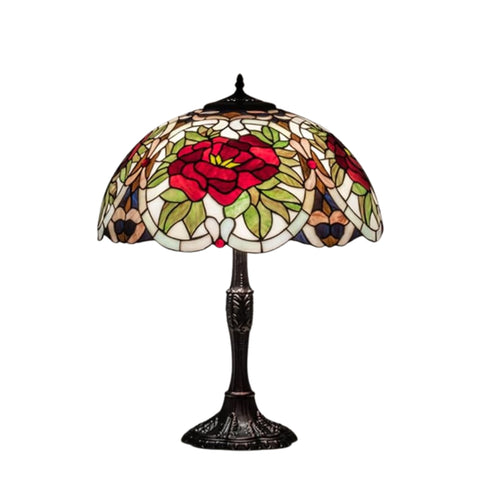 Oakestry 26" Renaissance Rose Table Lamp, Deep Red Rose Stained Glass Shade with Woodland Green Leaves, Mahogany Bronze Base, 3-Light E26 Decorative Accent Lamp