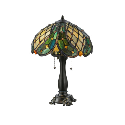 Oakestry 23" Capolavoro Table Lamp, Tiffany Style Gold Green Stained Glass with Jewel Accents, Mahogany Bronze Base, Vintage Lighting