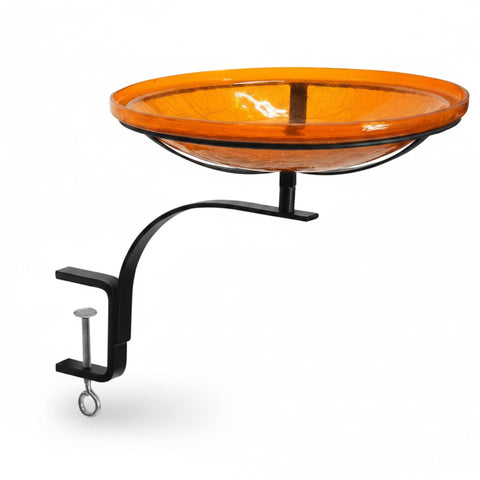 Oakestry 14" Mandarin Orange Crackle Glass Birdbath with Rail Mount Clamp Bracket, No-Drill Outdoor Bird Bath for Balcony, Deck Railing, Porch