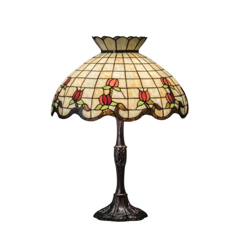 Oakestry 26" Roseborder Table Lamp, Tiffany Style Beige Stained Glass with Burgundy Rose Accents, Mahogany Bronze Base, Vintage Floral Lighting