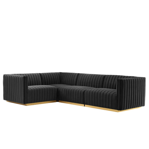 Oakestry Luxury Inspired Conjure Channel Tufted Performance Velvet 4-Piece Sectional Comfortable Indoor Sectional Sofa for Living Room Apartment Lounge Reception Area Premium Everyday Styling